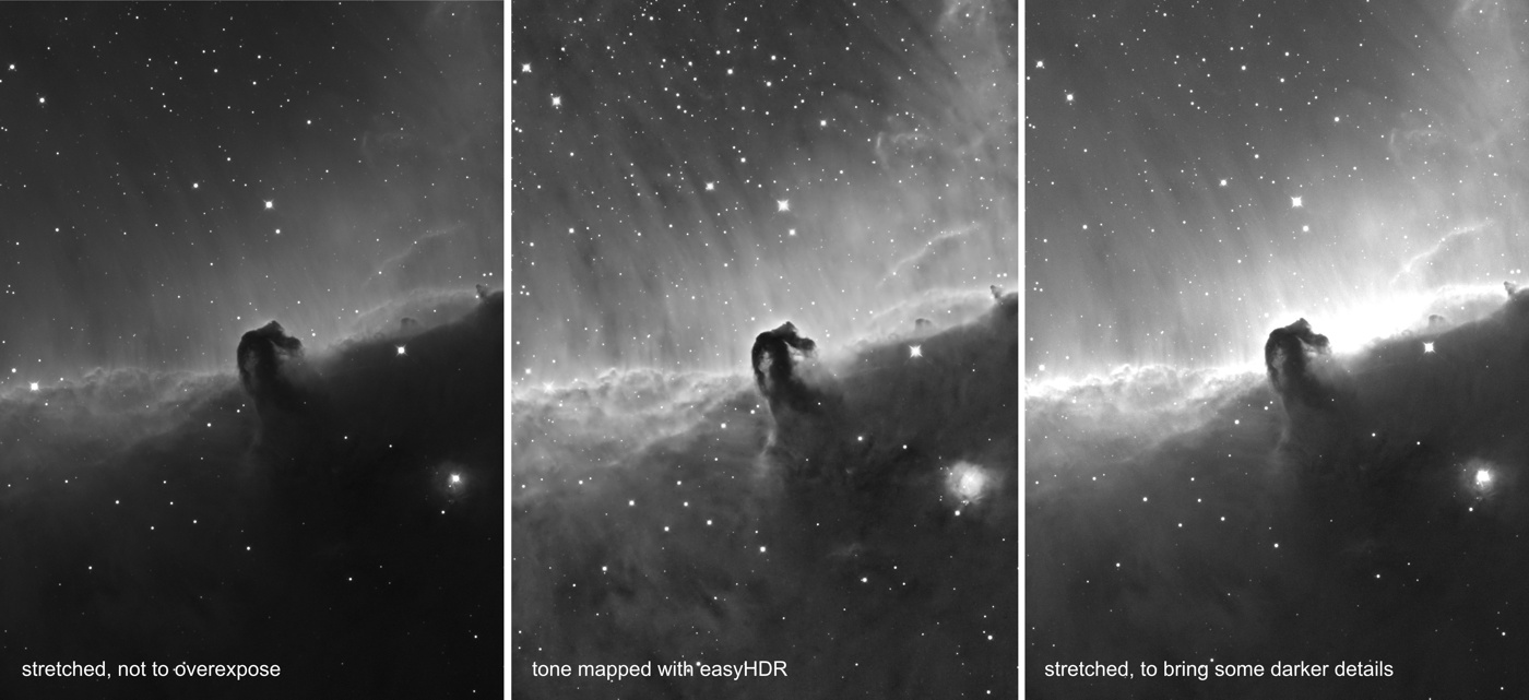 Comparison of underexposed, overexposed and a HDR tone mapped with easyHDR - Horsehead nebula.