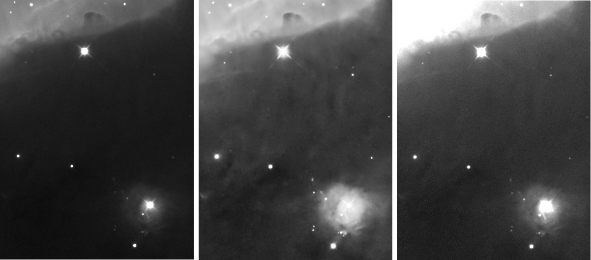 Comparison of underexposed, overexposed and a HDR tone mapped with easyHDR - detail close to the Horsehead nebula.