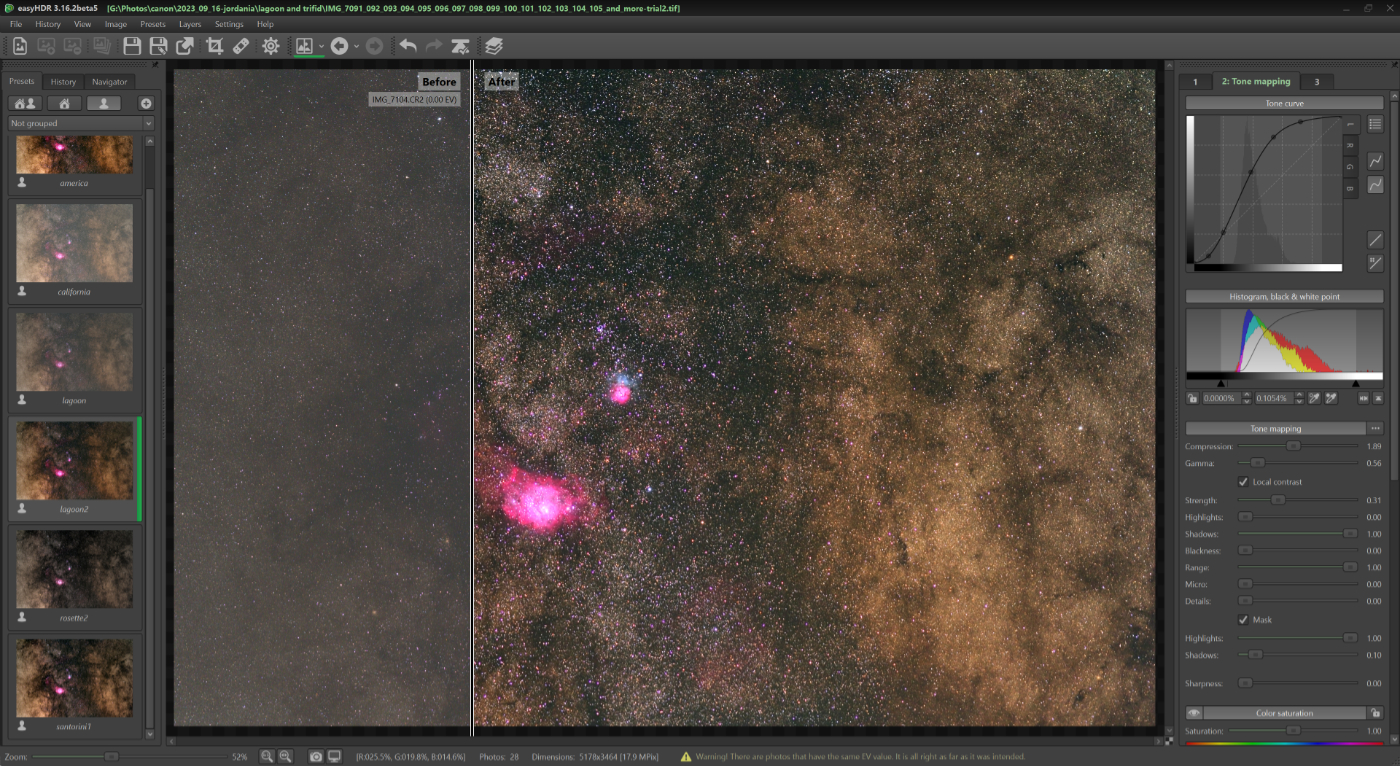 High Dynamic Range astrophotography with easyHDR. Lagoon and Trifid nebulae, Milky Way core.
