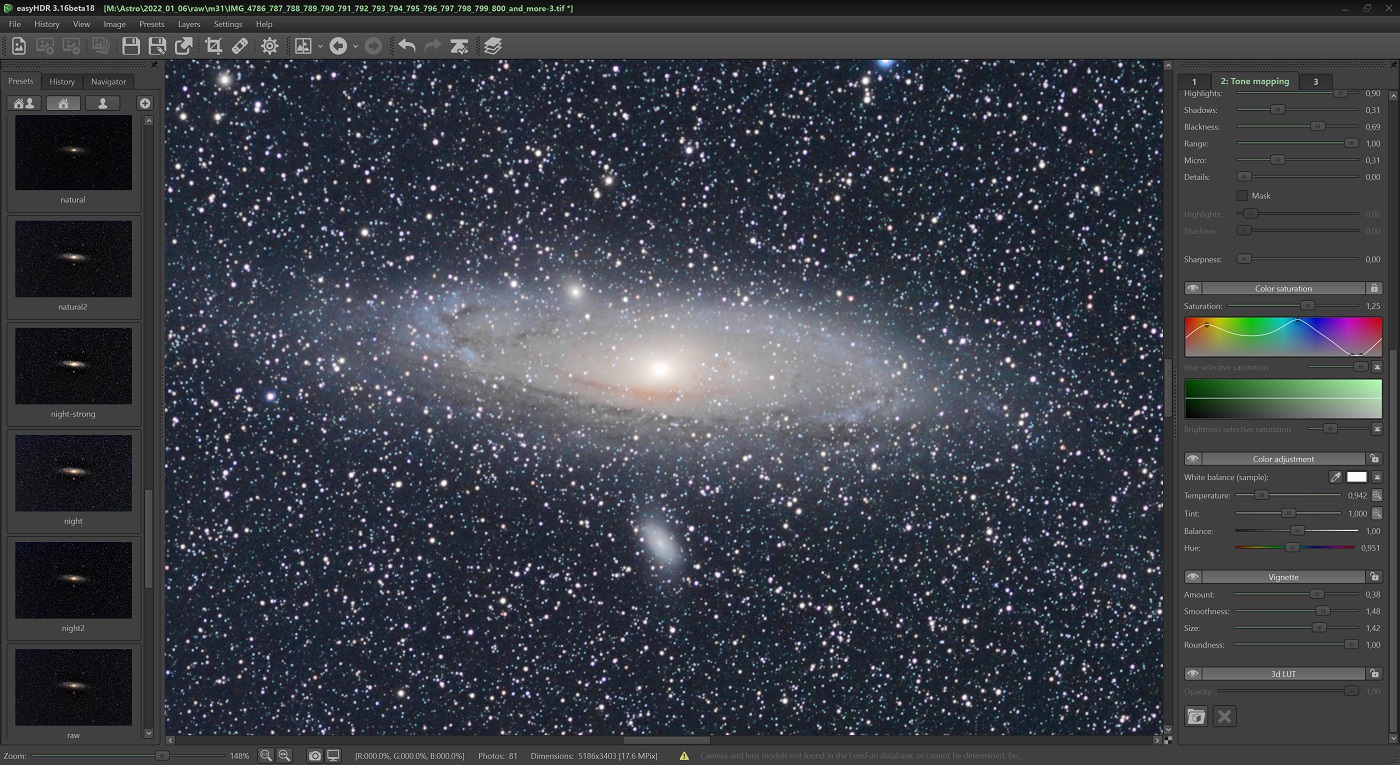 High Dynamic Range astrophotography with easyHDR. M31 Andromeda Galaxy.